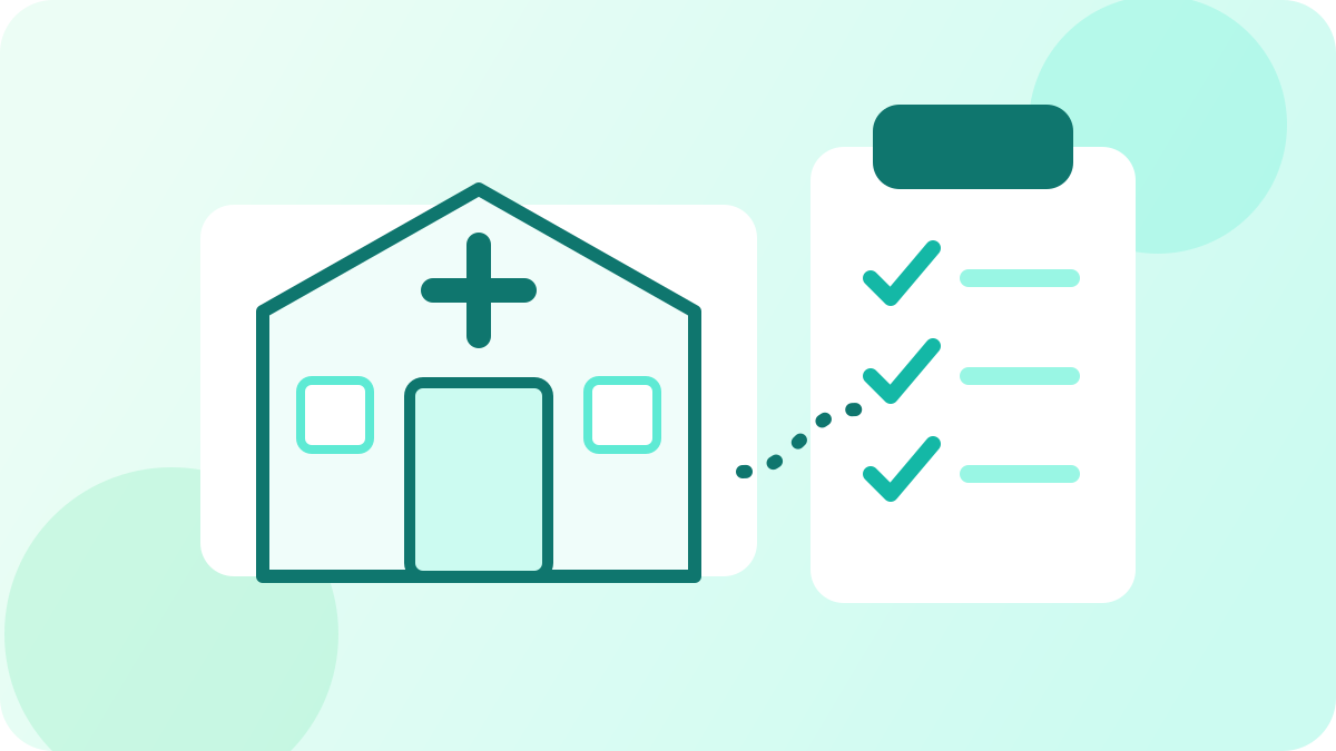 Illustration of a hospital, AI readiness checklist and connected healthcare workflow