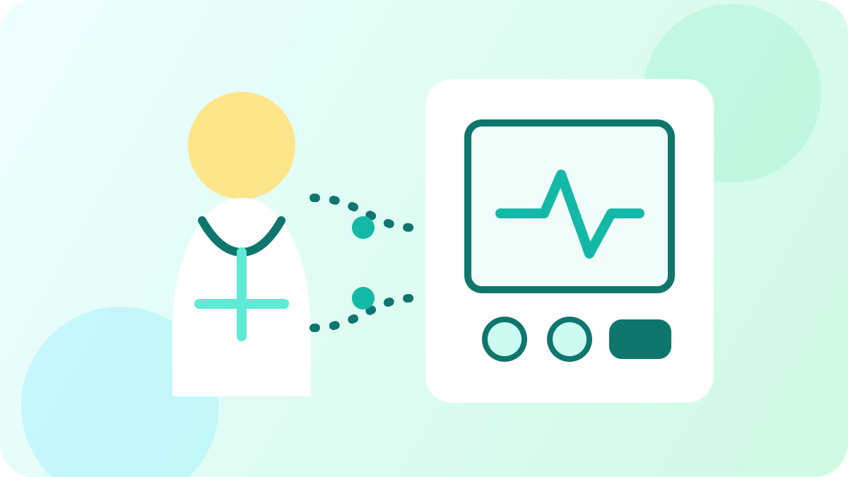 Illustration of a clinician evaluating a medical device interface and workflow